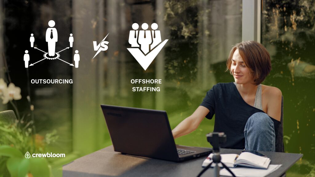 Remote professional comparing offshore staffing vs outsourcing models; illustration showing key differences