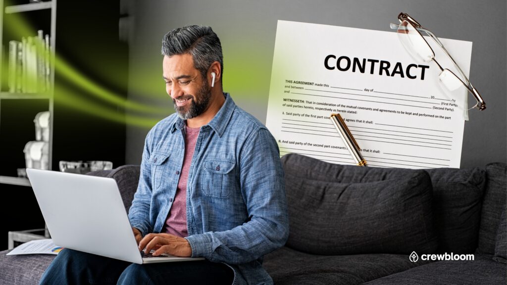A remote worker reviewing and signing a contract, representing offshore staffing agreements.