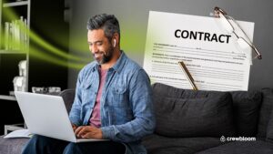 A remote worker reviewing and signing a contract, representing offshore staffing agreements.