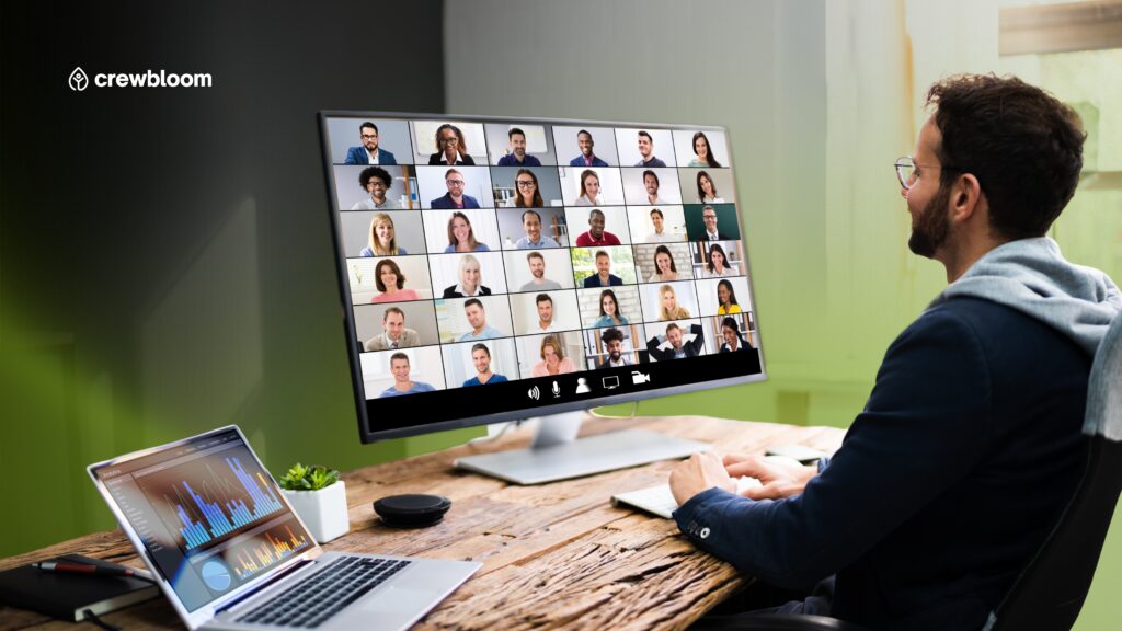 Remote team having a lively virtual call, smiling and collaborating online.