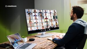 Remote team having a lively virtual call, smiling and collaborating online.