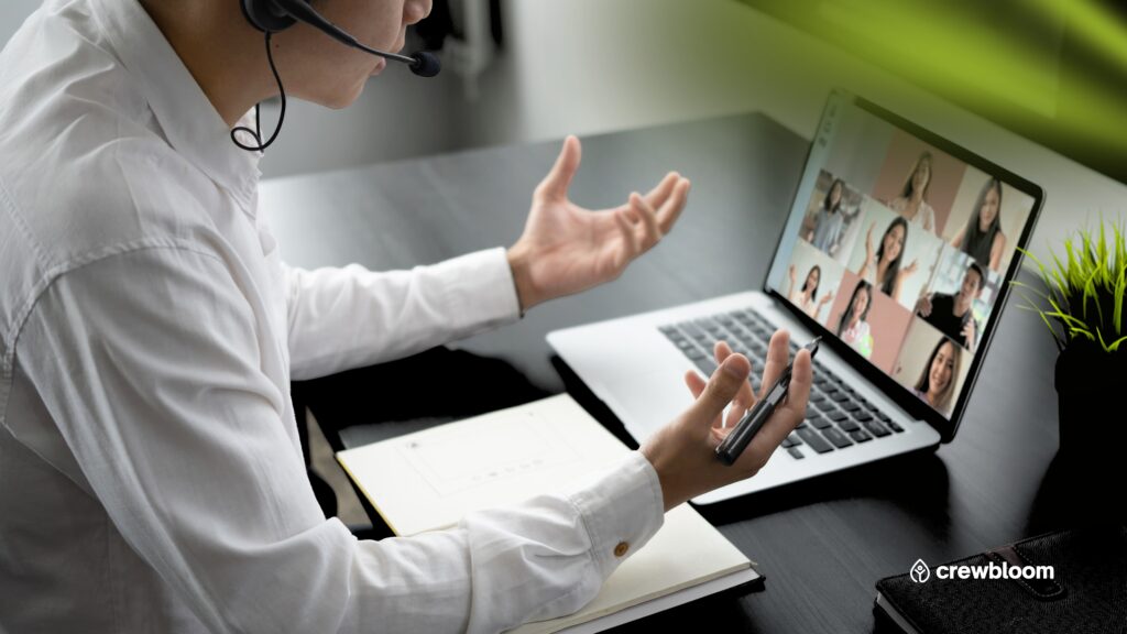 Offshore remote team collaborating during a virtual meeting, discussing tasks and sharing ideas online.