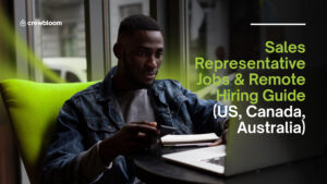 Remote sales representative working with laptop with text overlay of the blog title ‘Sales Representative Jobs & Remote Hiring Guide (US, Canada, Australia)