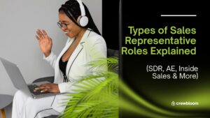 Remote sales representative working on a laptop from home, with text overlay: ‘Types of Sales Representative Roles Explained (SDR, AE, Inside Sales & More)’