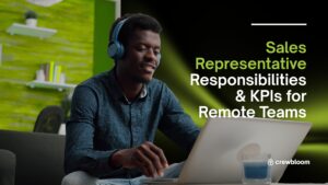 Remote sales representative working from home on a laptop, focused on tasks, with a text overlay: ‘Sales Representative Responsibilities & KPIs for Remote Teams’