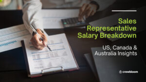 Sales representative working remotely with blog title overlay: ‘Sales Representative Salary Breakdown: US, Canada & Australia Insights’