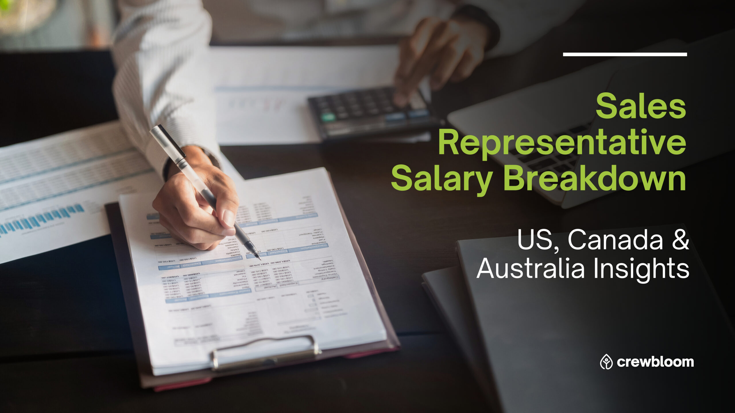 Sales Representative Salary Breakdown: US, Canada & Australia Insights Sales representative working remotely with blog title overlay: ‘Sales Representative Salary Breakdown: US, Canada & Australia Insights’