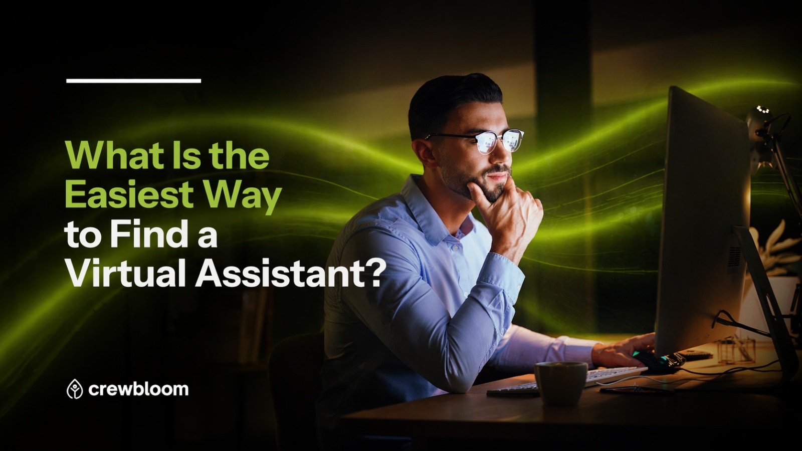 What Is the Easiest Way to Find a Virtual Assistant? Man at computer beside virtual assistant ad graphic now
